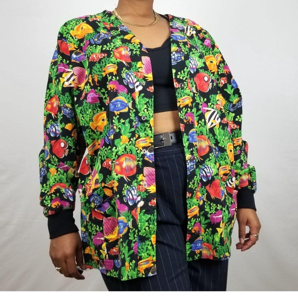 Plus Size Green Scrubs Aquarium Fish Nature Long Sleeve Scrub Jacket Cas…